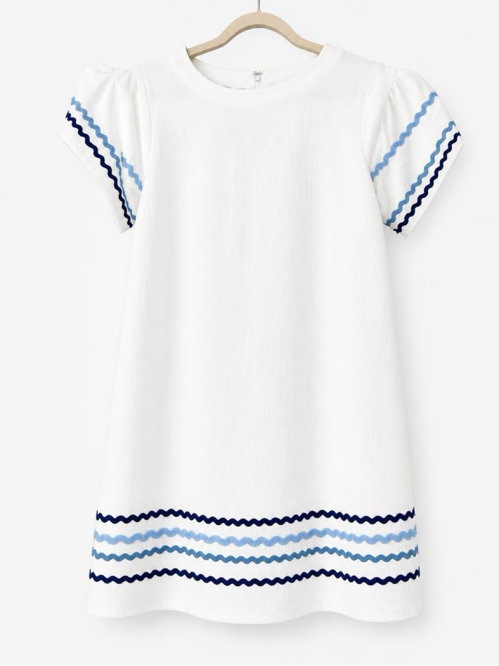 Loveriche Aura White Shift Mini Dress Blue Ric-Rac Trim Size S